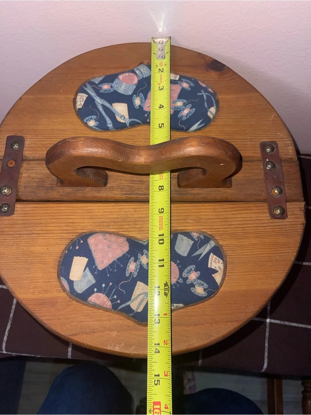 Wooden Heart Lidded Lined Sewing Picnic Basket Leather Hinges Vintage